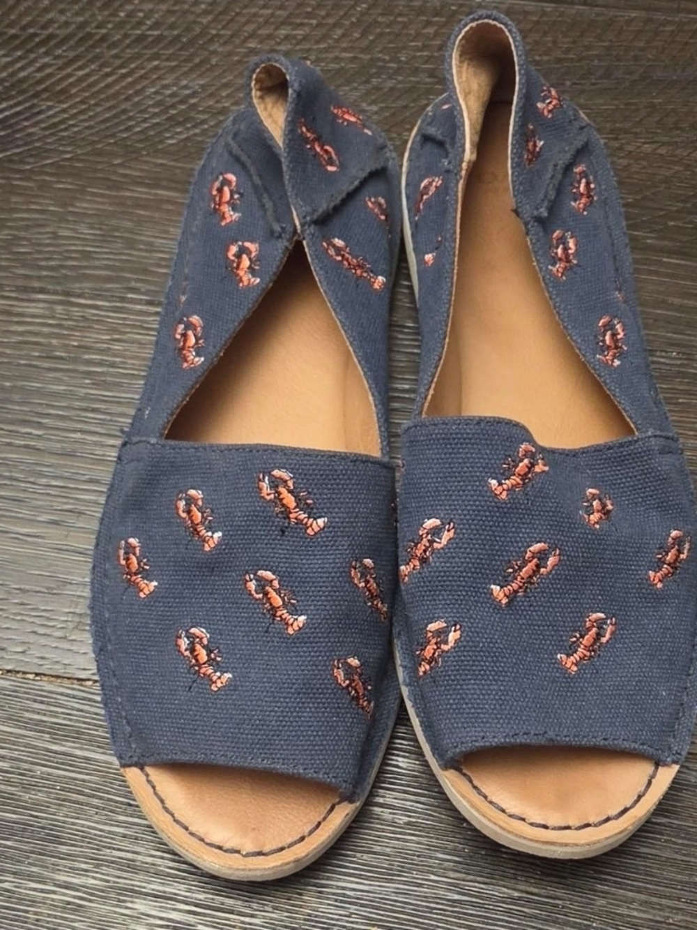 Coach Navy Canvas Open-Toe Flats with Orange Embroidered Lobsters